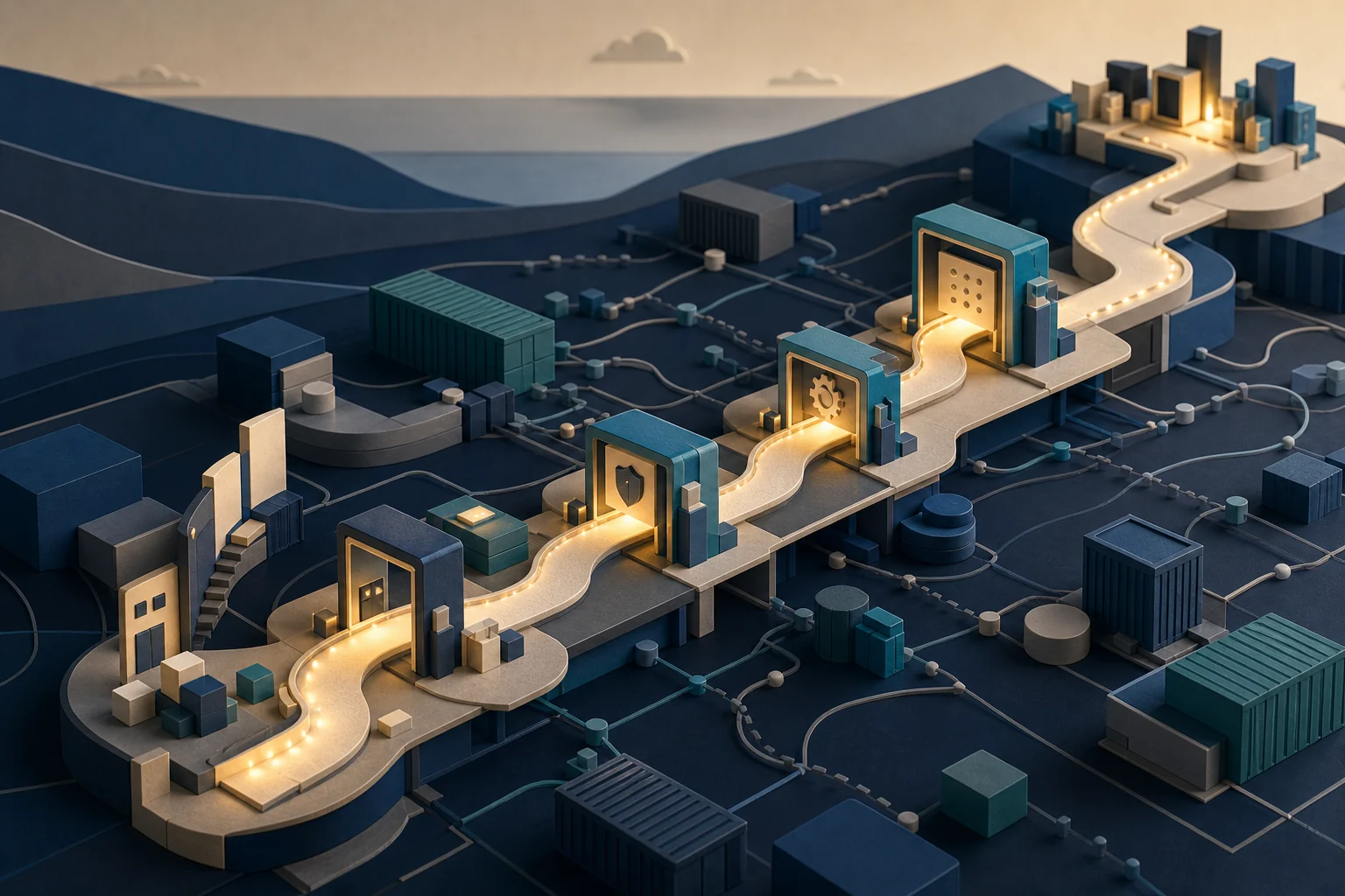 An illuminated route passing through integrated checkpoints in a layered technical system