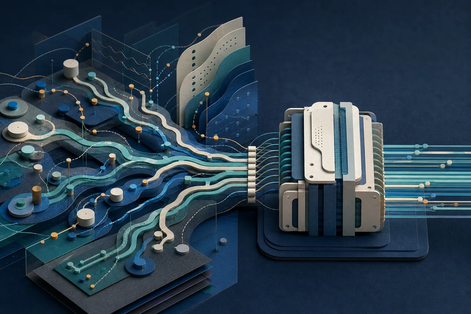 Exploratory network paths converging into a compact multi-channel processing core